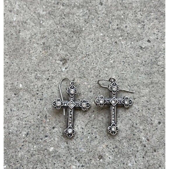 Vintage Cross Silver Tone Hook Religious Cross Dangle White Stone Earrings 1” - Picture 9 of 16